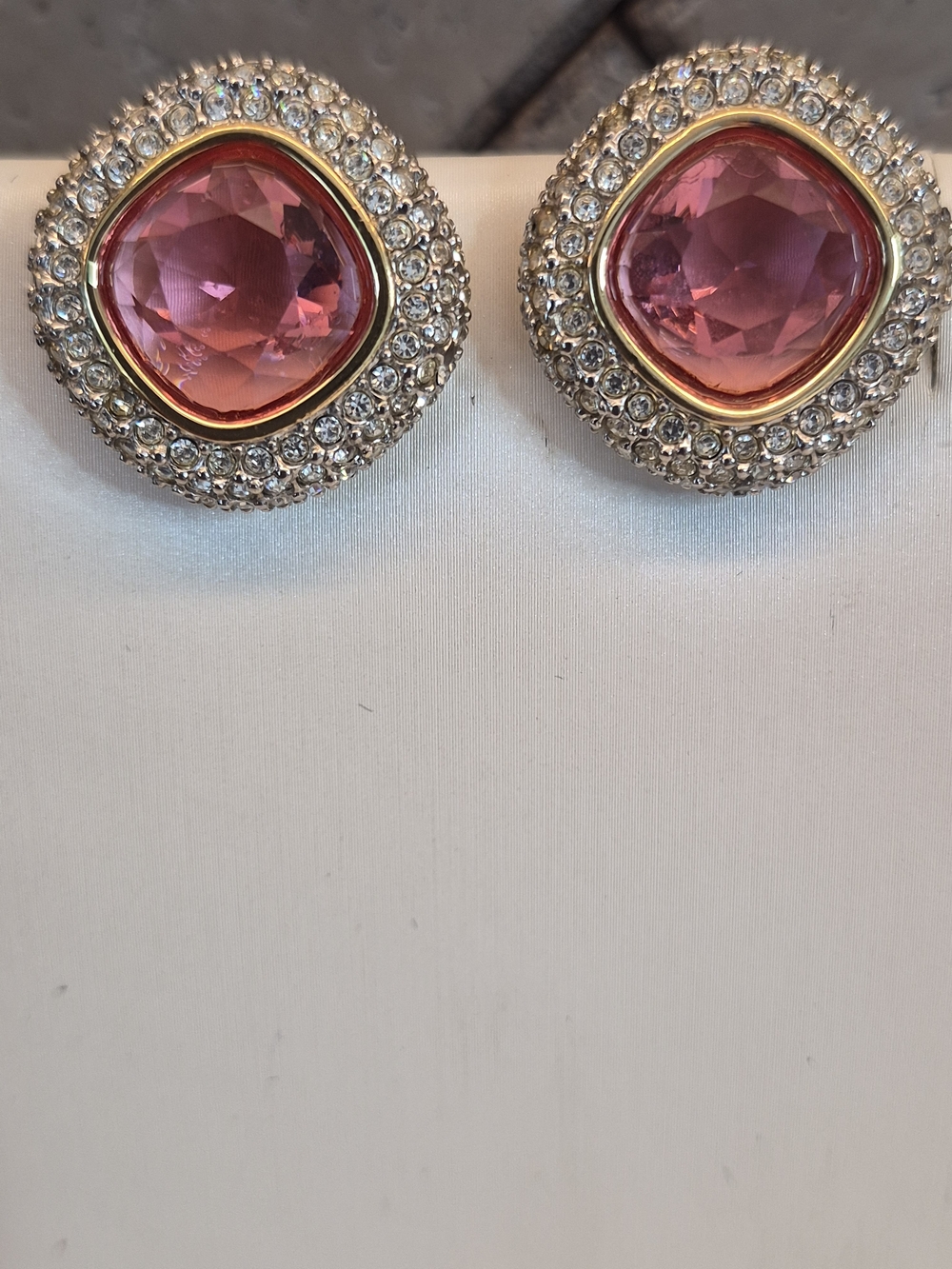 SWAROVSKI Vintage Pink Crystal Gold Bezel Halo Clip Stud Earrings , Stamped